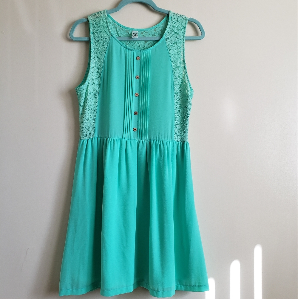 Tea & Cup Teal Mini Sleeveless Dress (L)